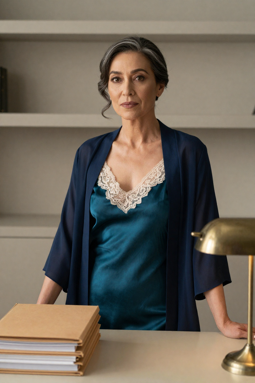 Photorealistic portrait of a fictional 46-year-old woman, dark hair with silver strands drawn into a low