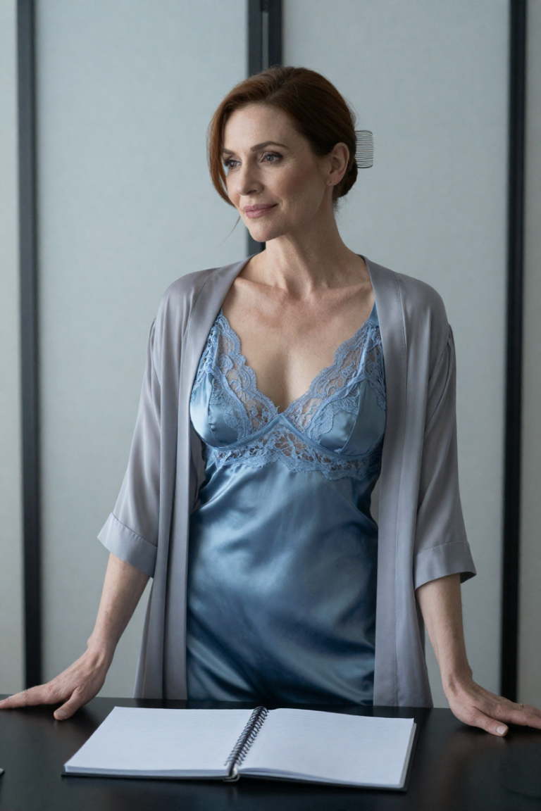 FuliZiJian muse, 41, slate-blue satin and lace at the ledger desk